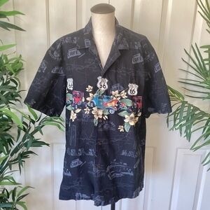 Vintage Pacific Legend L Black Hawaiian Hot Rod Cars Route 66 Button Front Shirt